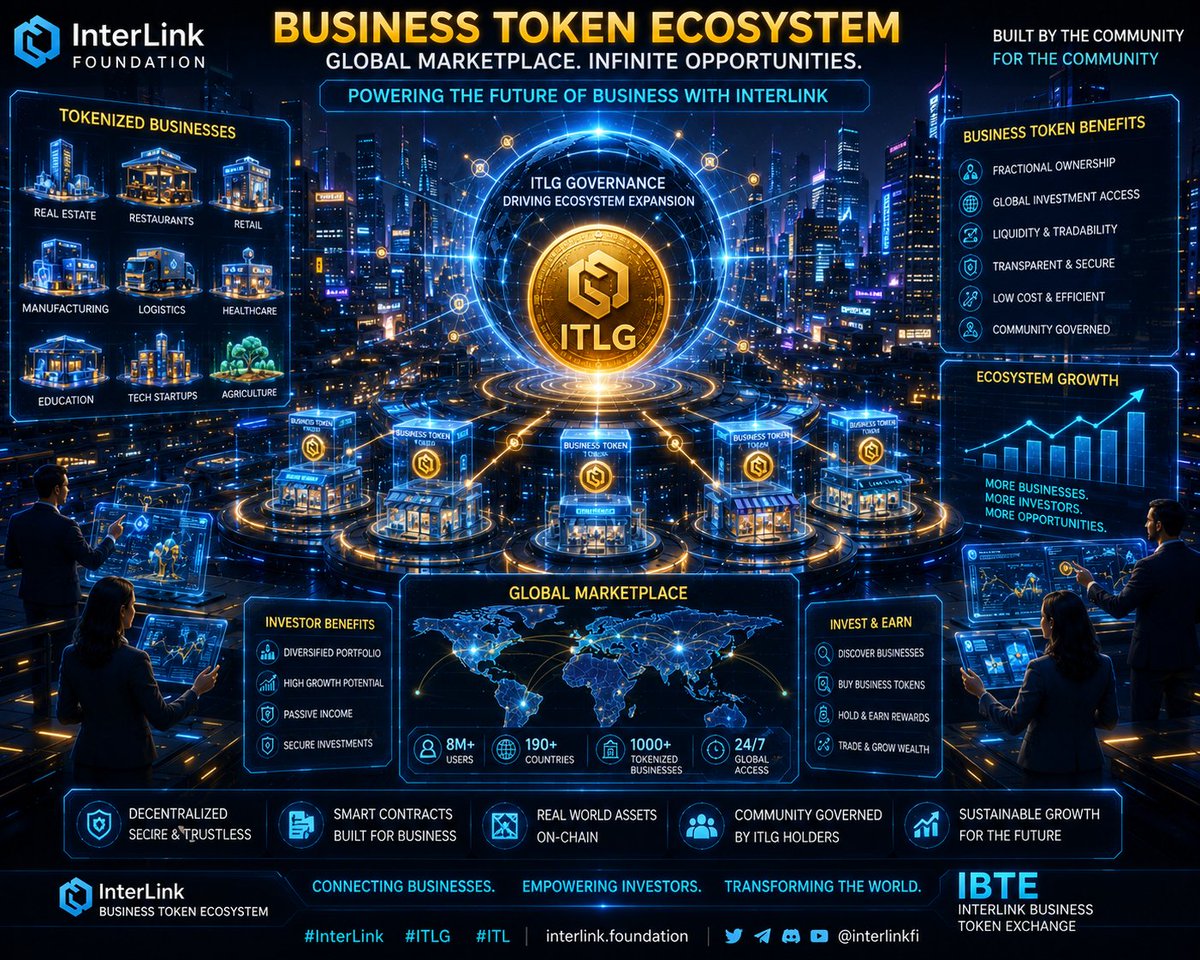 DannyLibna24256's tweet photo. Business Token Ecosystem
Global marketplace powered by InterLink, tokenized businesses, holographic shops, investors interacting with Business Tokens, ITLG governing ecosystem expansion, futuristic smart city, premium blockchain visualization, 8K. #InterLink #ITLG #ITL https://t.co/7qPeaktPwO