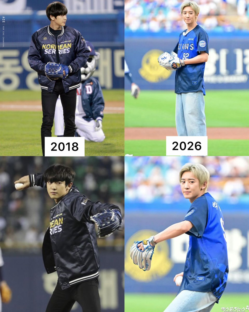 PCY_BASE's tweet photo. CHANYEOL’s baseball ceremonial first pitch: 2018 vs. 2026

#CHANYEOL #찬열 https://t.co/0KneKAl5bd