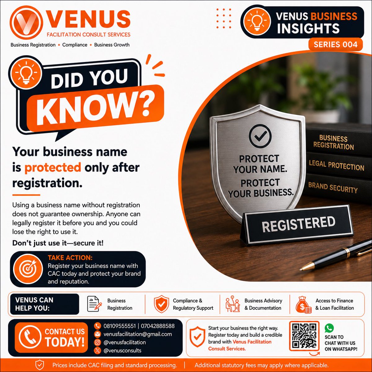 venusconsults's tweet photo. Using a business name doesn’t make you its legal owner.

Your business name is protected only after CAC registration. Without registration, someone else could legally register it first.

Protect your brand. Register today.

#DidYouKnow #BusinessFormalization #SMEs https://t.co/IezUIQTqHs