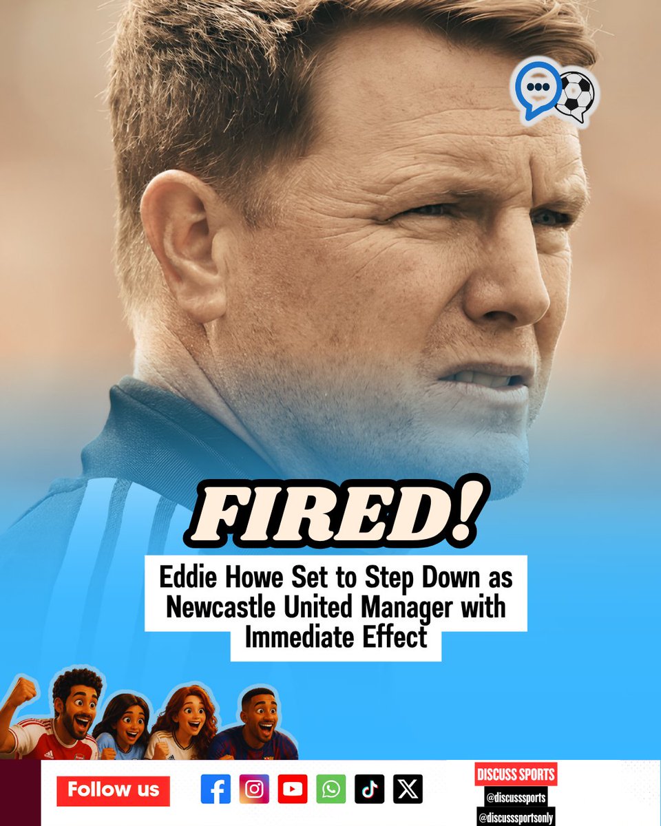 _discusssports's tweet photo. Newcastle United head coach Eddie Howe is set to leave the Premier League club with immediate effect after five years in charge, bringing an end to a defining tenure at St James' Park just weeks before the start of the 2026/27 season. https://t.co/TLdTbZHrh8