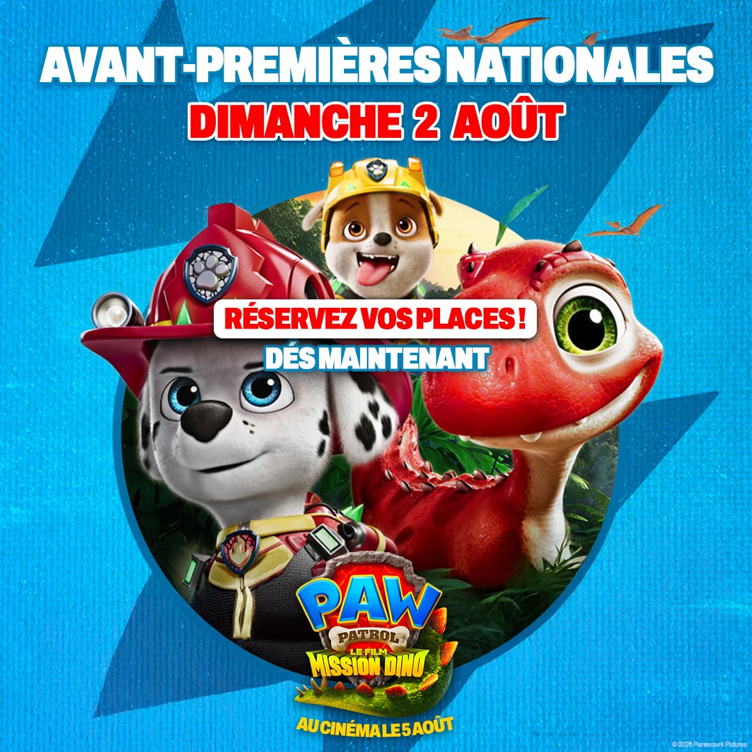 paramountfr's tweet photo. Prêts pour une aventure XXL ?  🦖 Ne manquez pas les avant-premières nationales #LaPatPatrouilleLeFilm ce dimanche ! 🍿🐶
La Pat' Patrouille - Le Film : Mission Dino au cinéma le 5 août.
🎫 https://t.co/PjSJF6YA99 https://t.co/zWZostDhy7