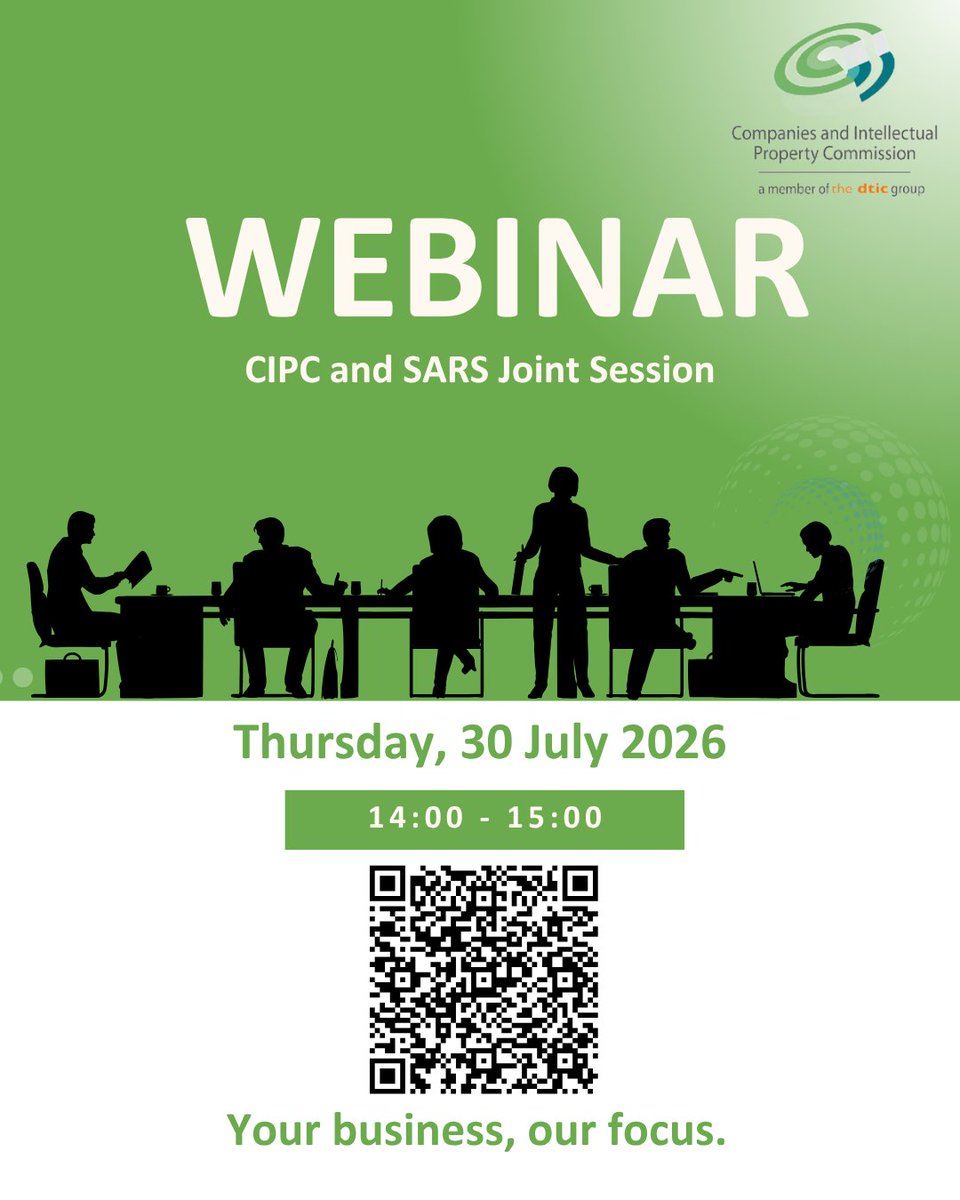 theCIPC's tweet photo. 📢 Join the CIPC & SARS Joint Webinar | Afternoon Session

Stay informed with the latest updates from CIPC and SARS at our joint webinar taking place today, on 30 July 2026.

🗓️ Date: 30 July 2026
 🕑 Time: 14:00 – 15:00
 📍 Platform: Microsoft Teams
 ✅ Registration is required

Register here: https://t.co/Atfo8biGW8

Don't miss this opportunity to engage with experts and receive important regulatory and compliance updates. 

#CIPC #SARS #Webinar #BusinessCompliance #MicrosoftTeams