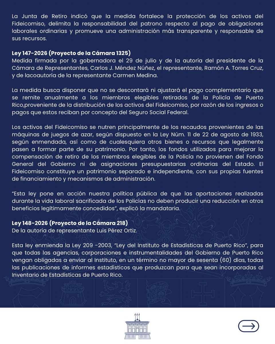 Jenniffer's tweet photo. Comunicado de Prensa | Gobernadora convierte en ley protecciones al retiro de los policías https://t.co/LkgYz9Z8dd