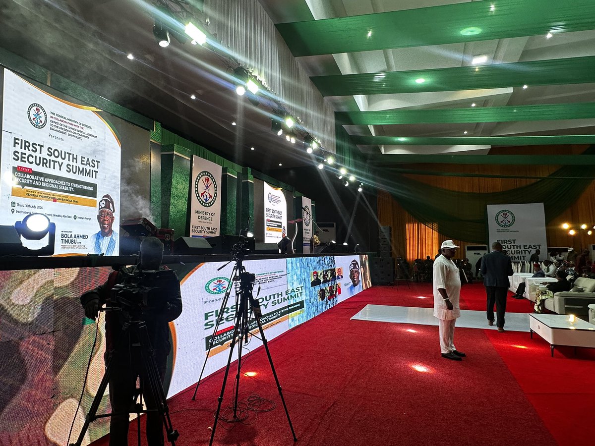 FMINONigeria's tweet photo. All is set for the South-East Regional Security Summit 2026!

Security stakeholders, traditional rulers, community leaders and senior veterans have converged in Umuahia, Abia State, for strategic discussions on strengthening regional security and stability.

This summit organised by the Federal Ministry of Defence in collaboration with the Office of the Senior Special Assistant to the President on Community Engagement (South East) is themed: “Collaborative Approaches to Strengthening Security and Regional Stability.”

#SouthEastSecuritySummit2026 #SESecSummit26