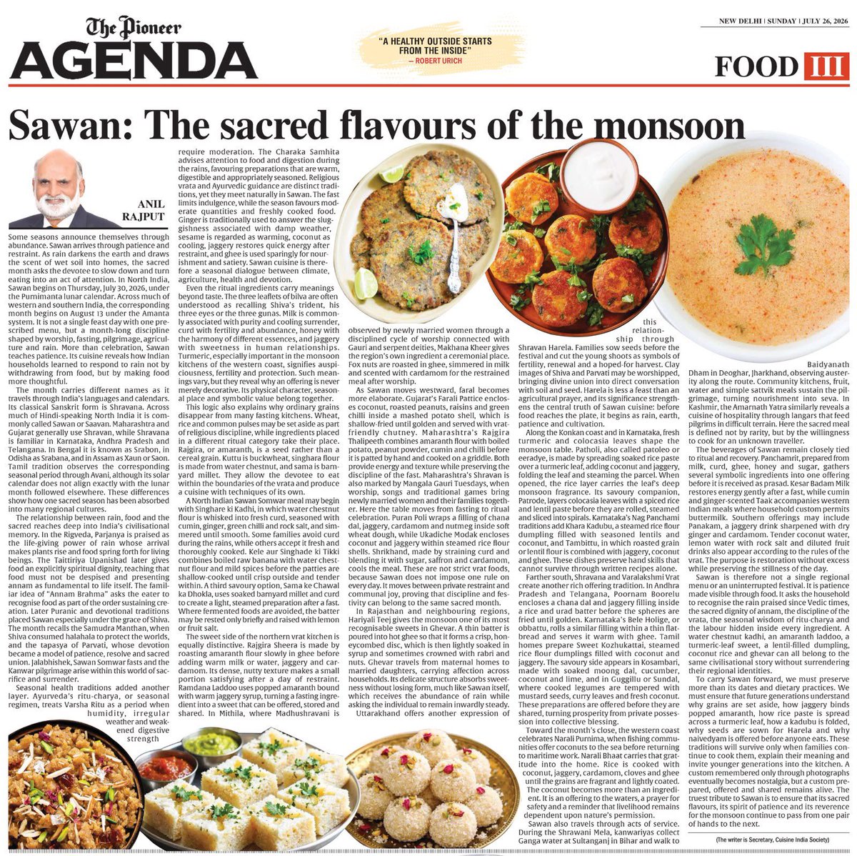 AnilRajputsays's tweet photo. Some seasons nourish more than the body, they nourish our traditions.

In my latest article for The Pioneer, "Sawan: The Sacred Flavours of the Monsoon," I explore how India's monsoon cuisine is deeply rooted in our culture, spirituality, seasonal wisdom and regional diversity.

From the sattvic foods of North India to the rich monsoon culinary traditions across Western, Eastern and Southern India, every dish reflects generations of knowledge that connects food with nature, health and devotion.

As we celebrate Sawan, let us also celebrate the culinary heritage that continues to bring families, communities and traditions together.

For better readability, click on the link: https://t.co/V7IVizGHfc

#CuisineIndiaSociety #Sawan #Monsoon #IndianCuisine