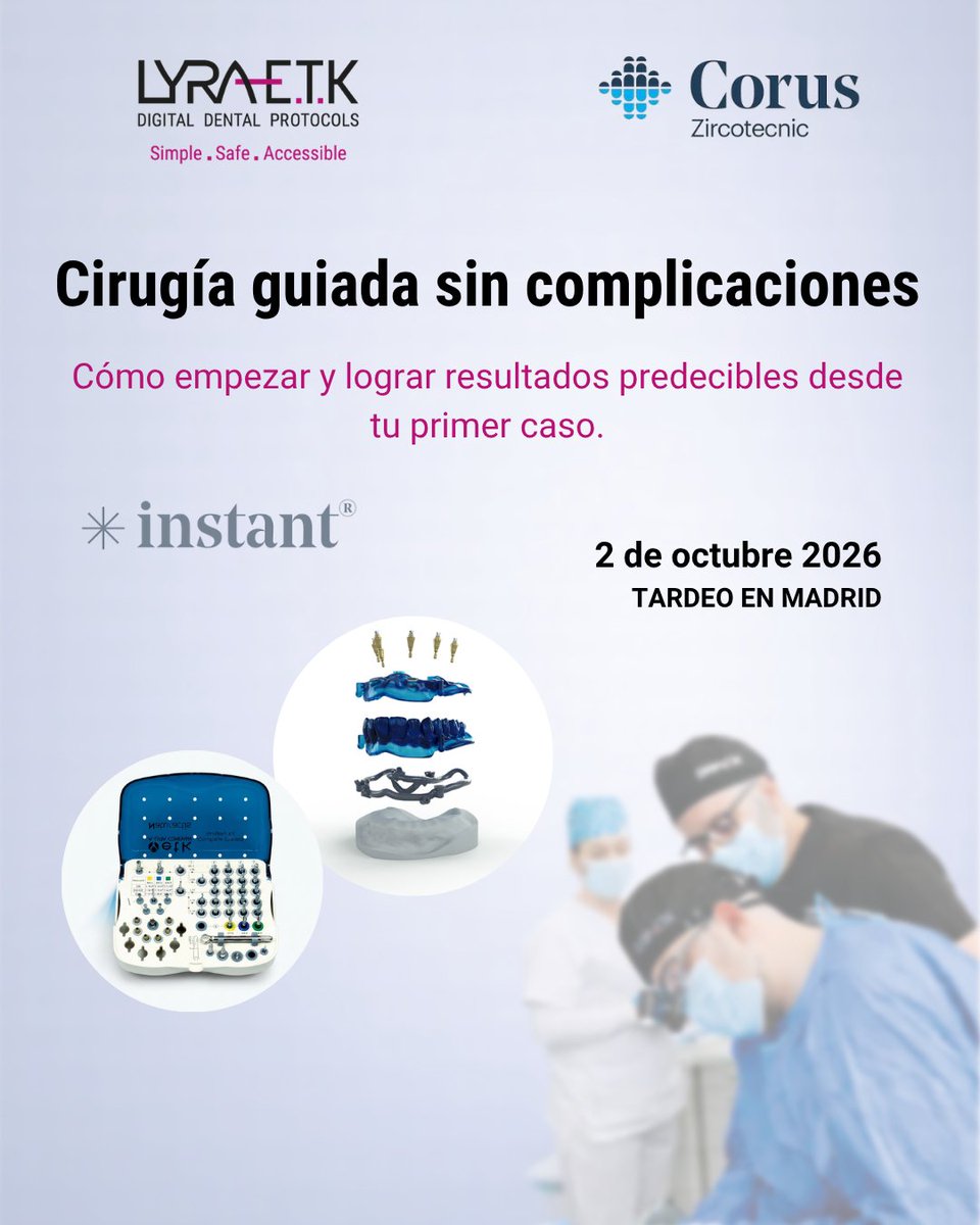 EtkLyra's tweet photo. 📣 Nuevo evento de cirugía guiada en Madrid
Junto a CORUS Zircotecnic hemos organizado un Tardeo de Cirugía Guiada para mostrar cómo iniciarte en un flujo digital sencillo y predecible desde el primer caso.
📅 2 de octubre | 17:00 h
 📍CORUS Zircotecnic (Madrid) https://t.co/AEuWhFN4cG