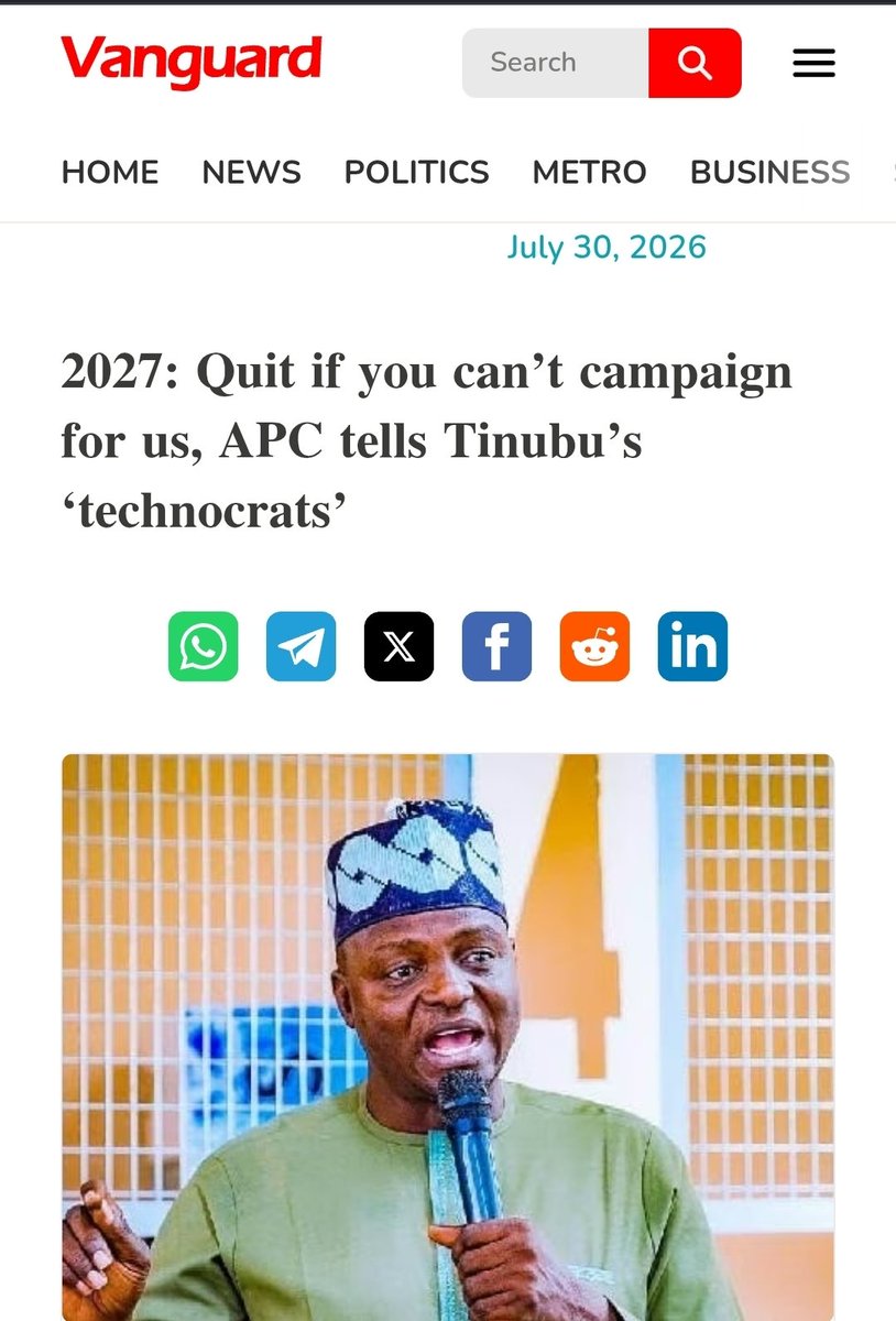 DeeOneAyekooto's tweet photo. “We call them political appointees. There is a word ‘political’ there. They are not just technocrats. They are political appointees. You can’t be holding a political position and then say you are not a politician. I have been hearing some people saying that, ‘I am not a politician,’ but they are holding political appointments. It is like somebody who has Yoruba or Kanuri tribal marks telling you that he is not a Yoruba or Kanuri man. It cannot happen...."- APC national chairman, Professor Nentawe Yilwatda

ME: We have so many of them in government holding strategic political positions, on ground, online, nothing identifies them with APC or the President, too bad.