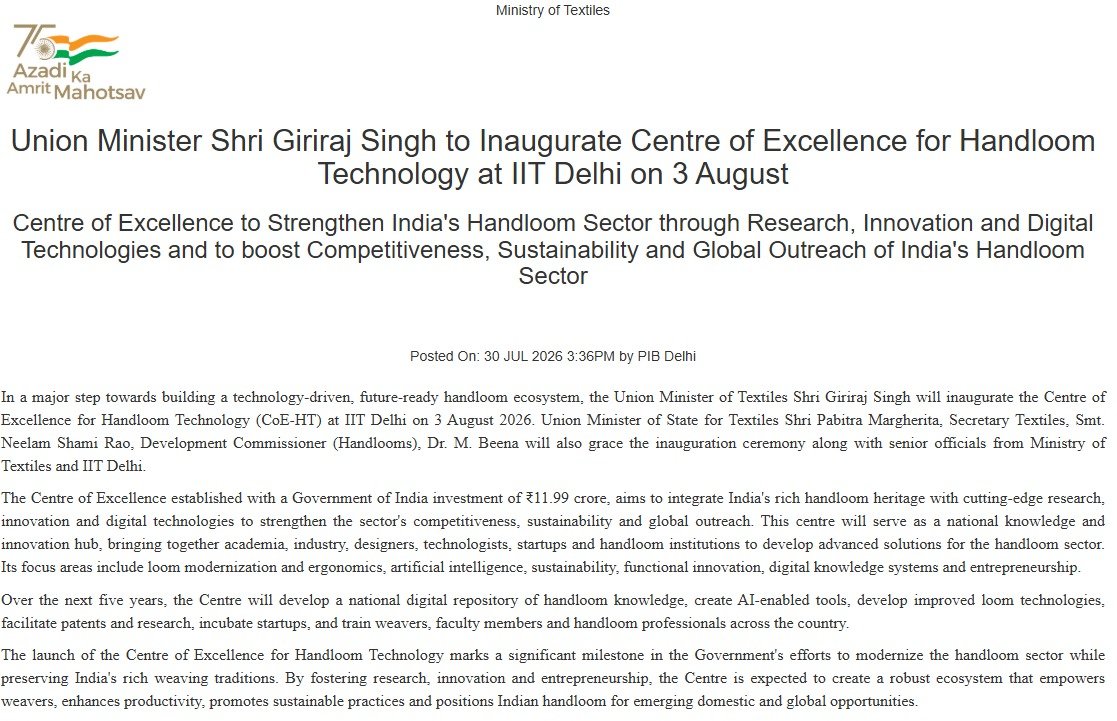 PIBTextiles's tweet photo. Union Minister Shri Giriraj Singh to Inaugurate Centre of Excellence for Handloom Technology at IIT Delhi on 3 August

Read More: 🔗 https://t.co/oiYRBI4Hea

@girirajsinghbjp @PmargheritaBJP @TexMinIndia @PIB_India @iitdelhi https://t.co/SwcGCtILBD