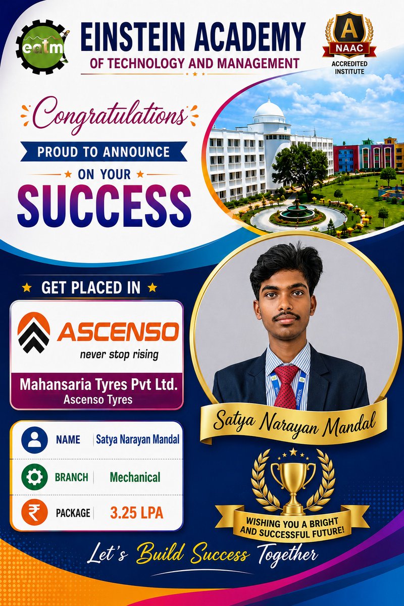 EgiEinstein's tweet photo. 🎉 Congratulations to Satya Narayan Mandal (https://t.co/BtJzvAx0A5 – Mechanical Engineering) on securing placement with Mahansaria Tyres Pvt. Ltd. – Ascenso Tyres with a package of ₹3.25 LPA!

Wishing him a successful and rewarding career ahead. 🌟
#EATM #Placement https://t.co/j655Fjnq3u