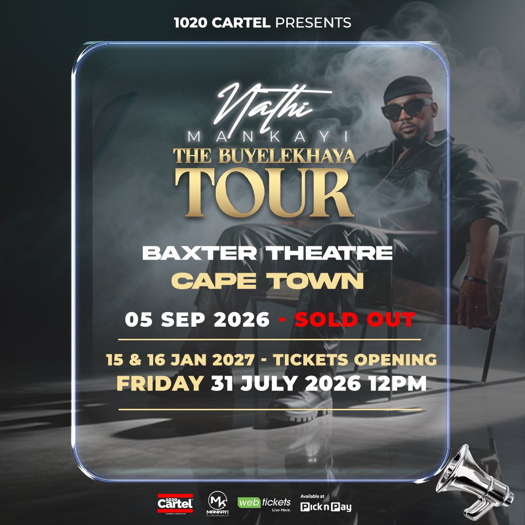 1020cartel's tweet photo. Cape Town stand up!! 🚨

15 &amp; 16 Jan tickets are opening tomorrow at 12:00 midday 🎟️ set your reminders 😊 

#thebuyelekhayatour https://t.co/42S2bWqEP5