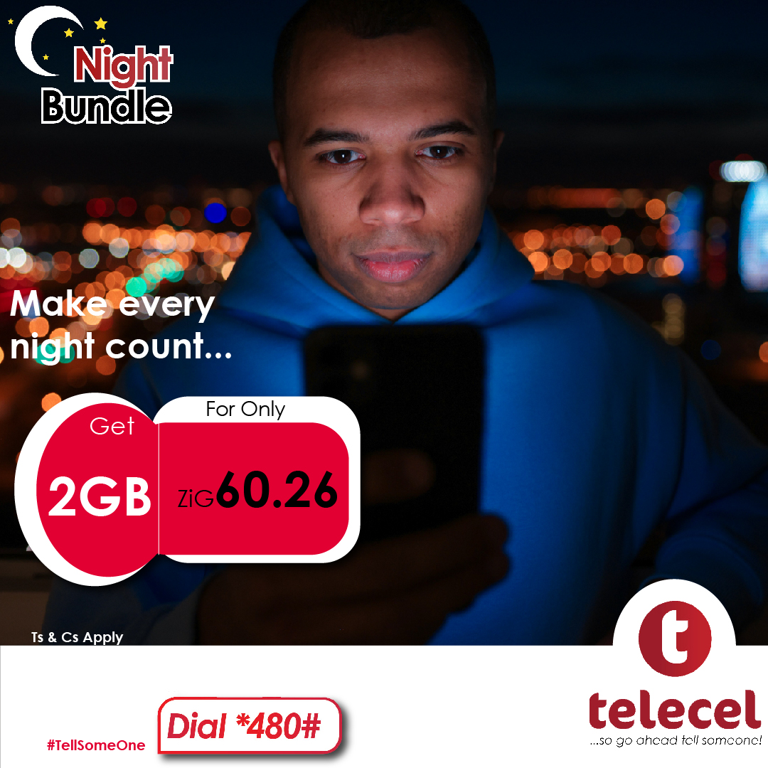 Telecel_Zim's tweet photo. Own the night with affordable Night Bundles! Download, stream, study, and browse till sunrise. Dial *480# today! Ts and Cs apply.
#NightBundle
#TellSomeone https://t.co/RJWmnHNpa7