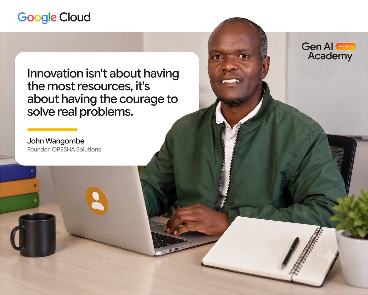 GoogleCloud_IN's tweet photo. 💡 Spotlight on #GenAIAcademy builder John Wangombe! 🌍

He is using the Gemini Enterprise Agent Platform &amp; Streamlit to tackle SME financing in Africa — connecting entrepreneurs with capital providers.

How would you use Gen AI to empower small businesses in your region? 💬 https://t.co/QdAE0Q9TCf