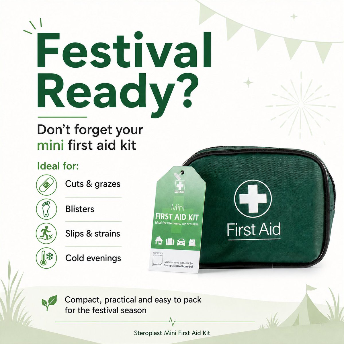 Steroplast's tweet photo. Festival essentials: ticket, phone, water… and a first aid kit. 🎶���

Be ready for cuts, grazes, blisters, slips and cold evenings with our compact Mini First Aid Kit—just £7.80.

Shop now: https://t.co/nHBe35qRbI

#FestivalEssentials https://t.co/HrVYLp1C5S