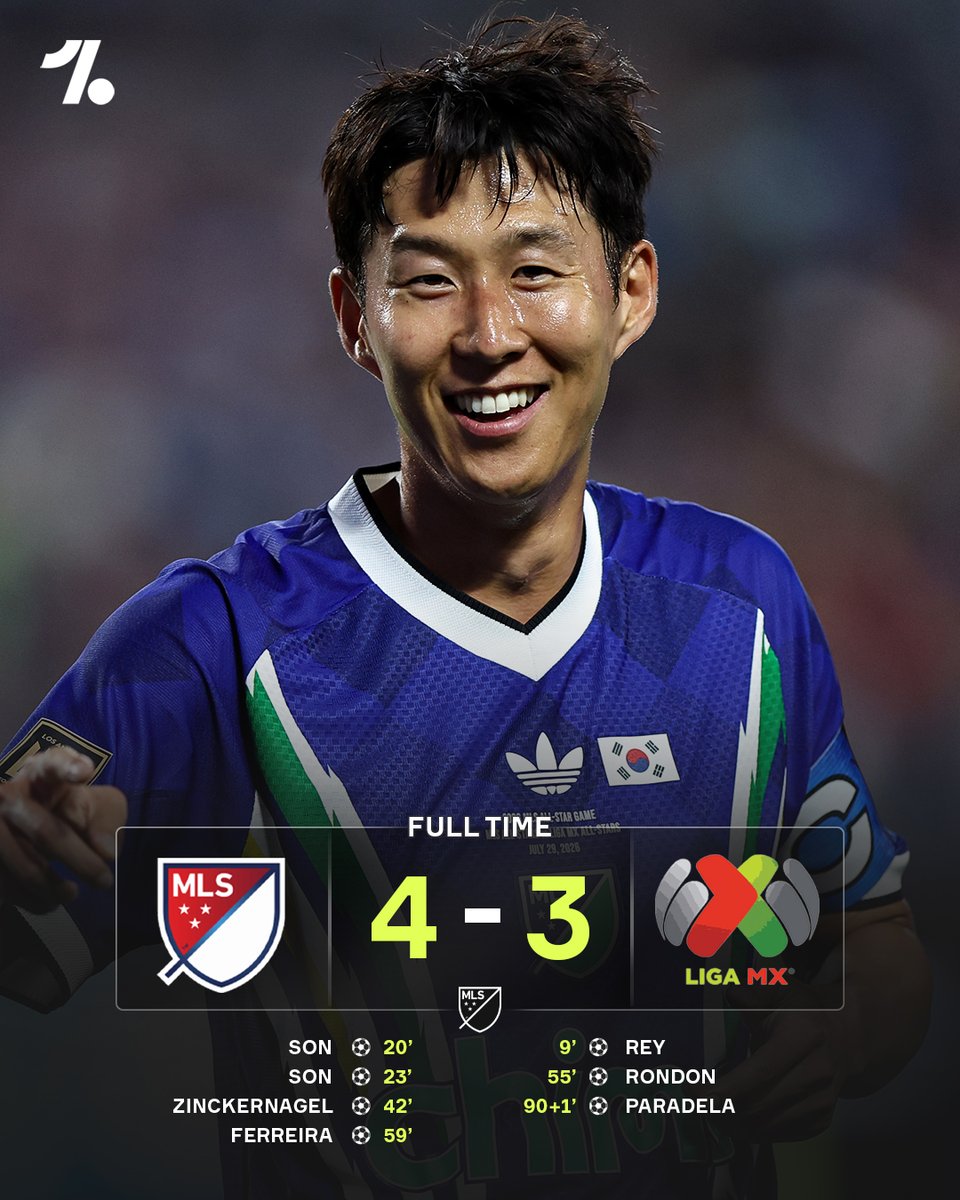 OneFootball's tweet photo. MLS All-Stars continue their winning streak over Liga MX All-Stars 🇺🇸🇲🇽

Heung-Min Son scored a brace before being subbed off in the 35th minute, job well done 🔥 https://t.co/B3iLCHqVRI