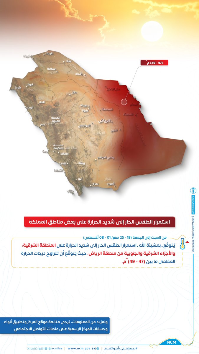 NCMKSA's tweet photo. ⚠️ بمشيئة الله، استمرار الطقس الحار إلى شديد الحرارة🌡️ على بعض مناطق المملكة، خلال الفترة من 1 إلى 8 أغسطس .

#نحيطكم_بأجوائكم https://t.co/beWF51sAm8