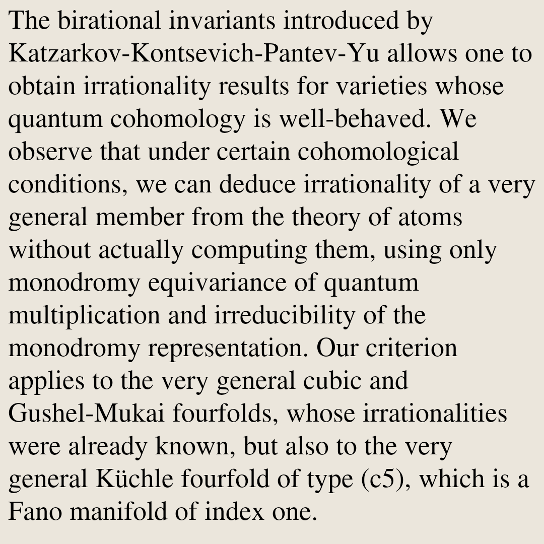 AlgebraicPapers's tweet photo. An atomic criterion for irrationality without quantum computations

Vladimiro Benedetti (LJAD), Aideen Fay (IF), Jérémy Guéré (IF), Laurent Manivel (I2M), Nicolas Perrin (CMLS)
https://t.co/Ztn7Q3rKww [𝚖𝚊𝚝𝚑.𝙰𝙶] https://t.co/Txgg8JnUA9