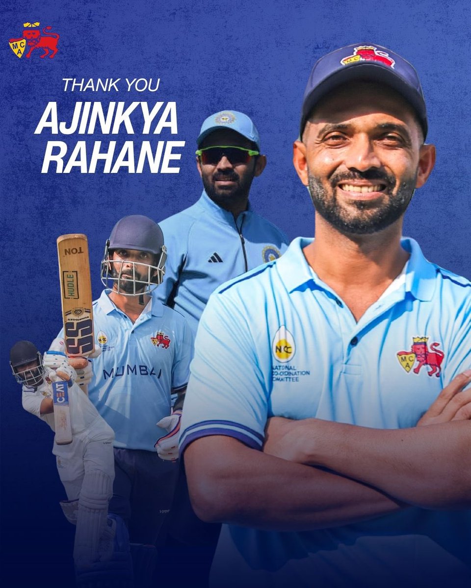 MumbaiCricAssoc's tweet photo. The Mumbai Cricket Association salutes Ajinkya Rahane on a distinguished international career as he announces his retirement from cricket.

From the maidans of Mumbai to Test cricket's biggest stages, his journey has been defined by grit, calm, and an unwavering love for the sport.

Ajinkya, as the captain, led Mumbai to its 42nd Ranji Trophy title in 2023-24, ending a nine-year wait.

An era ends, but the legacy endures. Wishing him the very best for all that lies ahead 💙

#MCA #Mumbai #Cricket #AnjinkyaRahane #BCCI