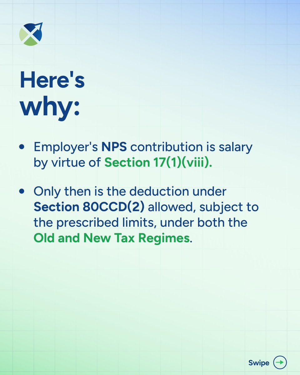 ProsperrOne's tweet photo. Your employer's NPS contribution is added to your salary first for a reason. Swipe to understand how Section 80CCD(2) works and the tax benefits you can claim. Explore Prosperr: https://t.co/RPfoL6ot5n

#NPS #Section80CCD2 #TaxPlanning #Prosperr https://t.co/iyH9zcqBWm