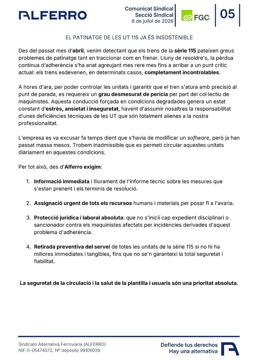 Tren_1999's tweet photo. @manu_fp12 ¡Hola! Pues ahora que lo comentas vi una nota de premsa donde los sindicatos se quejaban del problema del patinaje de las UT 115, exigen medidas inmediatas, si no inmobilizaran la serie entera... Veremos que pasa por entonces https://t.co/oSmVFPbmqR