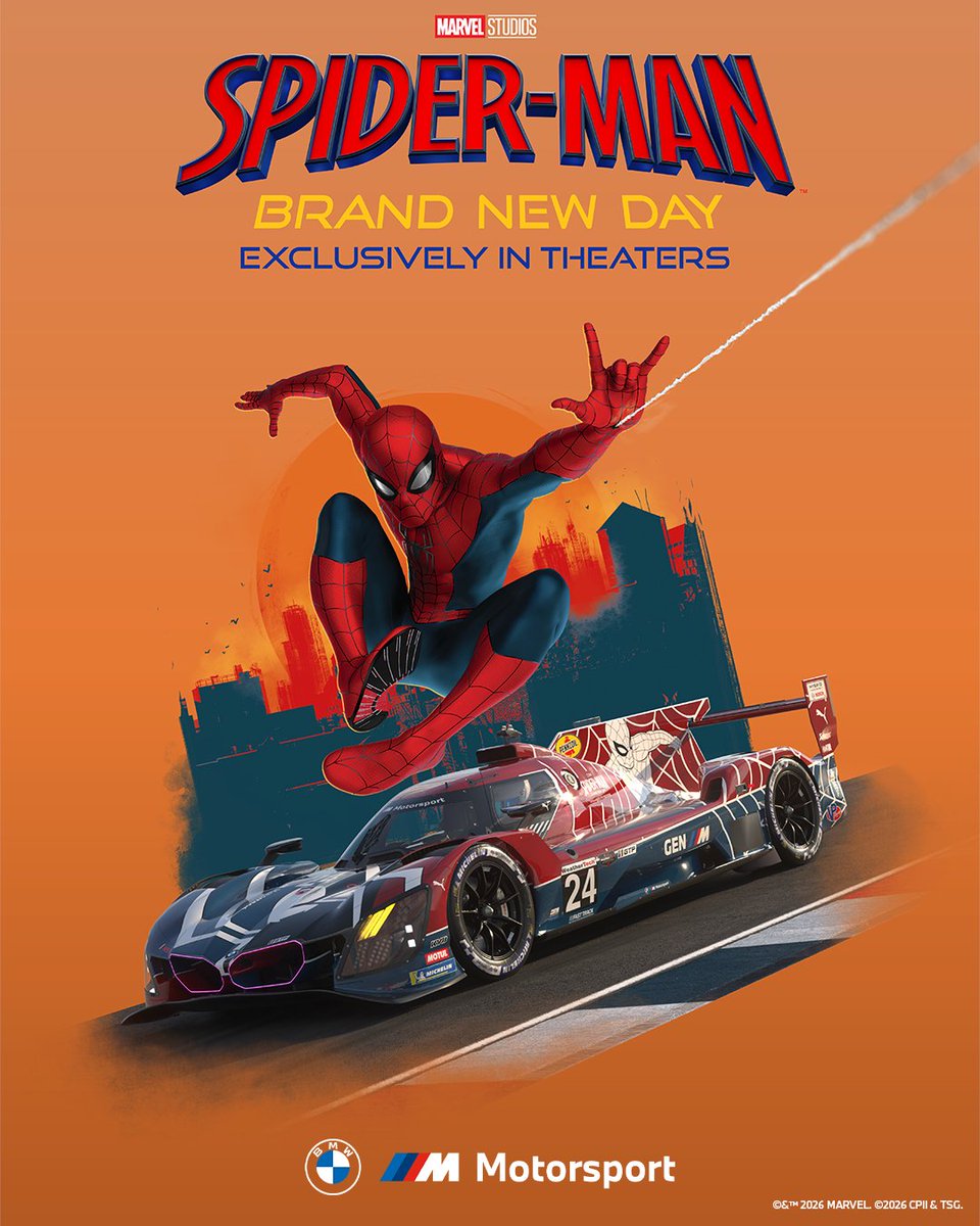 BMWMotorsport's tweet photo. You'll never guess who inspired this collaboration. 🕷️

The Spider-Man: Brand New Day-themed BMW M Hybrid V8 is sticking around at IMSA Road America all weekend. Blame the web.

See #SpiderManBrandNewDay exclusively in cinemas 31st July. @SpiderManMovie https://t.co/gxkEhkFsTi