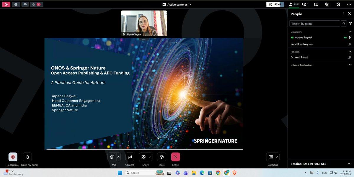 INFLIBNET's tweet photo. An ONOS Webinar was organised on July 29, 2026, on "ONOS &amp; Springer Nature: Open Access Publishing and APC Funding – A Practical Guide for Authors". The programme witnessed an excellent response, with 8,315 online participants. https://t.co/PGn8u3lFRJ