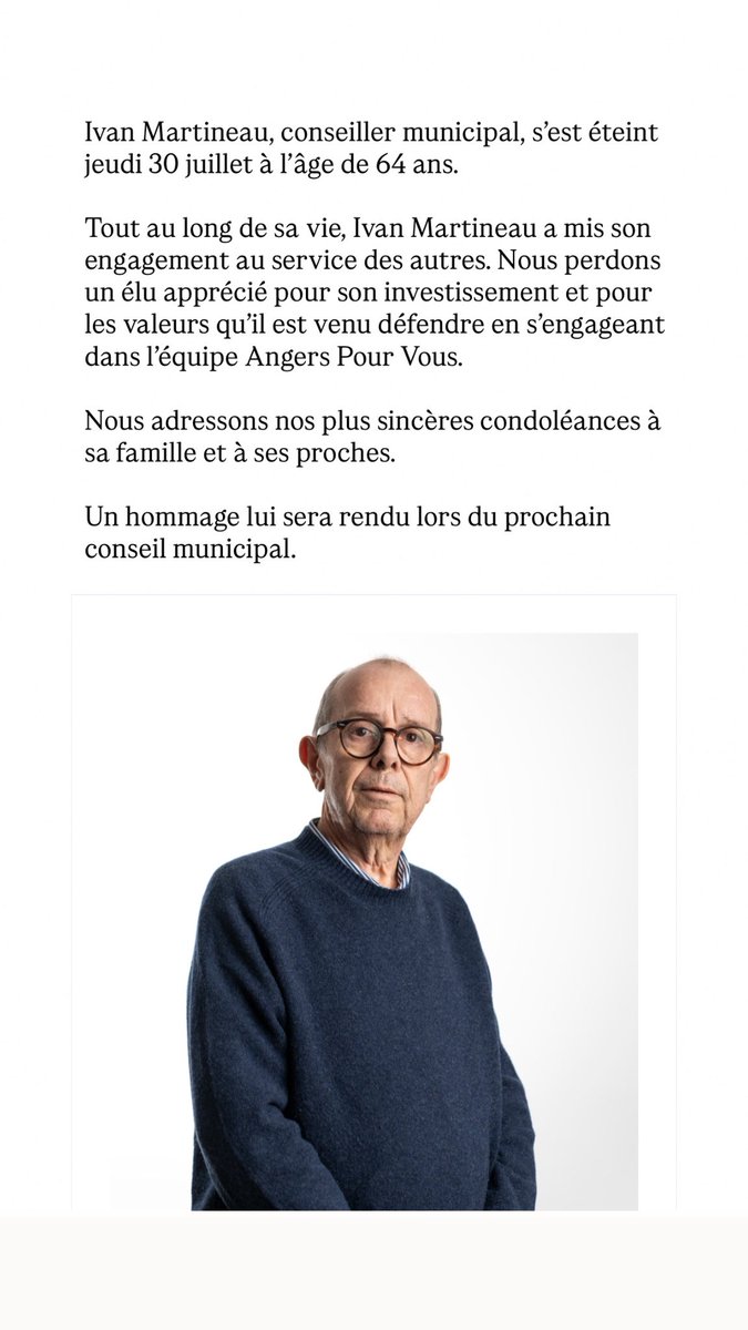 AngersPourVous's tweet photo. Ivan Martineau, conseiller municipal de la Ville d’@Angers, s’est éteint jeudi 30 juillet à l’âge de 64 ans. https://t.co/kBB7POXC4y