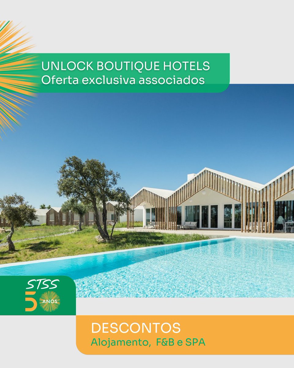 STSS_pt's tweet photo. DESCONTOS: ALOJAMENTO, F&amp;B E SPA

Condições exclusivas para os nossos associados através do protocolo celebrado com a Unlock Boutique Hotels.

📷 Para saber mais consulte: https://t.co/vhAvHZvLYf

#ProtocolosSTSS #BenefíciosAssociados #JuntosConstruímosFuturo https://t.co/0h9tnLjjwL