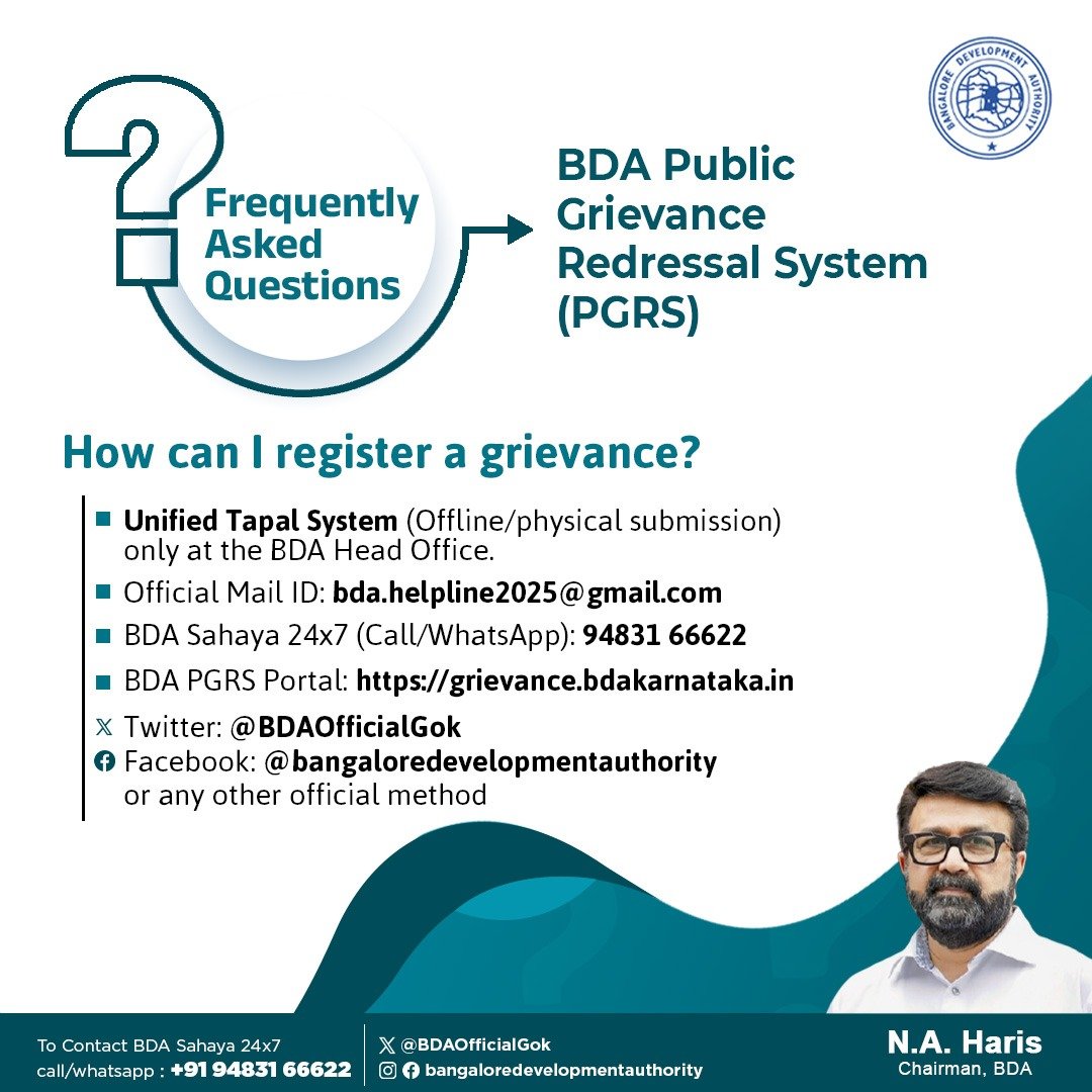 BDAOfficialGok's tweet photo. Curious about BDA Sahaya (PGRS)?

Explore the FAQs to learn more about BDA's Grievance Redressal System. 

For any queries, Call BDA Sahaya 24x7: 94831 66622

@mlanaharis @Captain_Mani72

#BDA #PGRS #FAQs #KnowYourBDA #BDASahaya https://t.co/QMx4FmSQGP