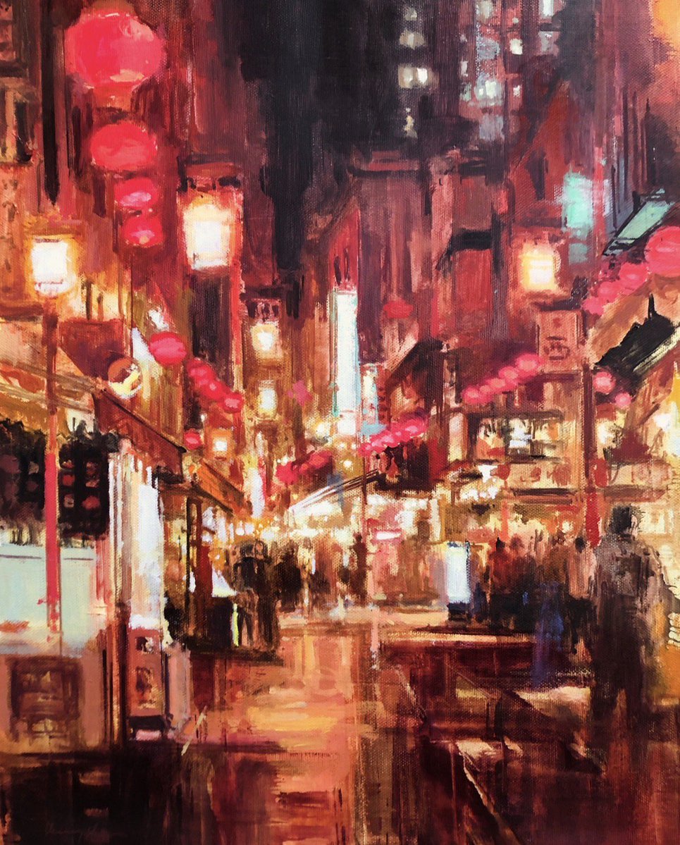 油絵作品　【天王寺下衣川】　一点もの 夜の中華街Chinatown at night』41×32㎝ （F6号）oil on Canvas