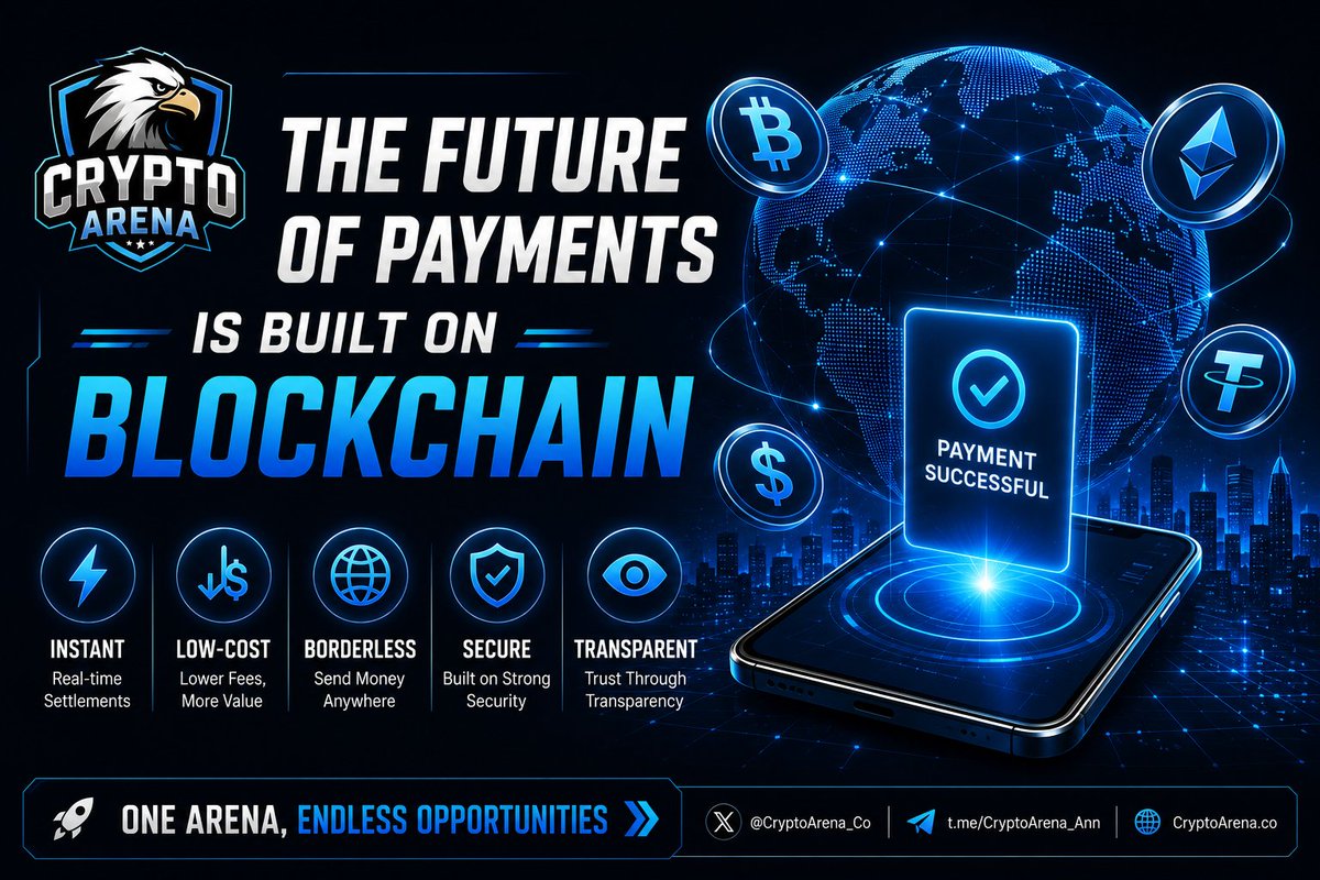 CryptoArena_Co's tweet photo. 🌍 THE FUTURE OF PAYMENTS IS BUILT ON BLOCKCHAIN

Money should move as fast as information.

Blockchain is making payments:
⚡ Instant
💸 Low-cost
🌎 Borderless
🔒 Secure & Transparent

The future isn't just about sending crypto.
It's about creating a financial system that's open to everyone.

Traditional finance is evolving.
Web3 is leading the next chapter.

Are you ready for the future of global payments? 👇

#Blockchain #Crypto #Web3 #DeFi #Payments #CryptoArena