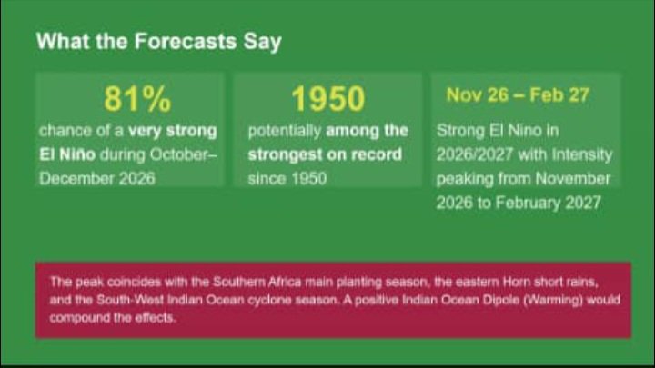 ACTonDRMBill's tweet photo. 💭 What the forecasts say

▶️ 81% change of strong EI Nino during Oct to Dec 2026

▶️Strong EI Nino in 2026/2027 with intensity peaking from November, 2026 to February 2027

What does this mean for Zim, given that this peak coincides with the planting season? #ACTonDRMBill https://t.co/YUXRL88UAY