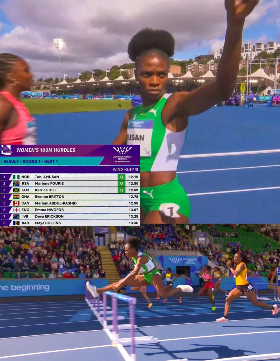 TrackGazette's tweet photo. Tobi Amusan 🇳🇬 runs a very smooth 12.19s (+3.8) to win her 100mH heat at the Commonwealth Games in Glasgow!

She eased through ahead of Marione Fourie 🇿🇦 who was 2nd in 12.50s. https://t.co/Lhzoimm0in