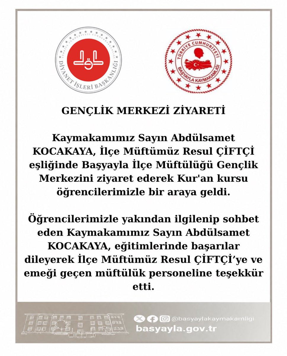basyayla_k's tweet photo. GENÇLİK MERKEZİ ZİYARETİ

Kaymakamımız Sayın Abdülsamet KOCAKAYA, İlçe Müftümüz Resul ÇİFTÇİ eşliğinde Başyayla İlçe Müftülüğü Gençlik Merkezini ziyaret ederek Kur'an kursu öğrencilerimizle bir araya geldi. https://t.co/ruZsjHPUBX