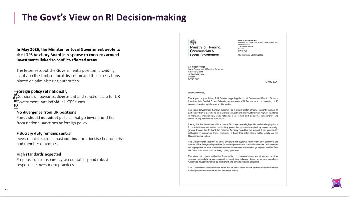 VincentStops's tweet photo. So @hackneygreens held their second Pension Committee and for the second time were told that foreign policy is for government, not @ZoeGarbett. This time it was spelled out to them:
 “Foreign policy set nationally; Decisions on boycotts, divestment and sanctions are for UK Government, not individual LGPS funds.” 
Time for Garbett to apologise to Labour councillors they accused of supporting genocide in their squalid campaign!