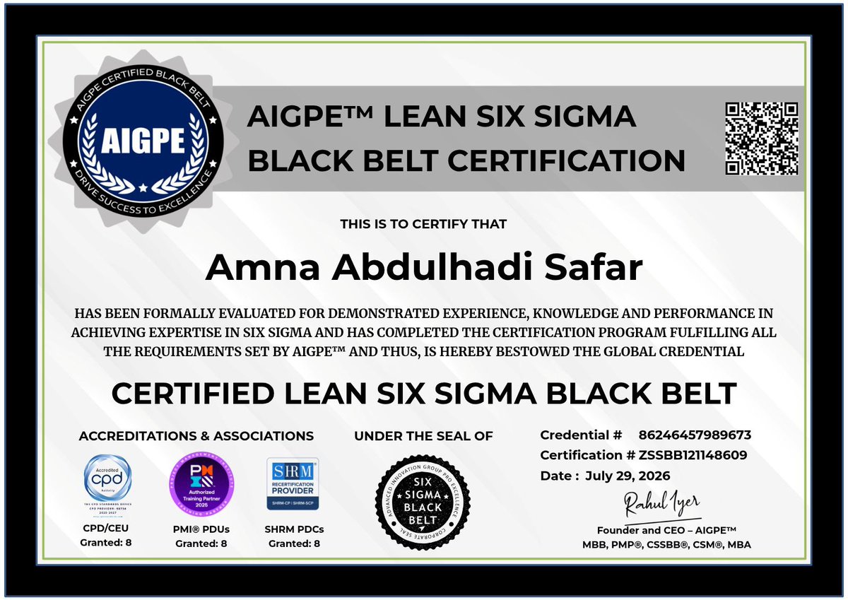 EngSafar's tweet photo. I’m excited to share that I’ve earned the AIGPE™ Lean Six Sigma Black Belt Certification.

This achievement strengthens my expertise in process improvement, operational excellence, and data-driven decision-making, complementing my work in IT leadership, digital transformation, and cybersecurity.

I’m committed to continuous learning and applying these skills to deliver greater value and drive meaningful results.

#LeanSixSigma #BlackBelt #ContinuousImprovement #OperationalExcellence #Leadership #DigitalTransformation #CyberSecurity #ProfessionalDevelopment