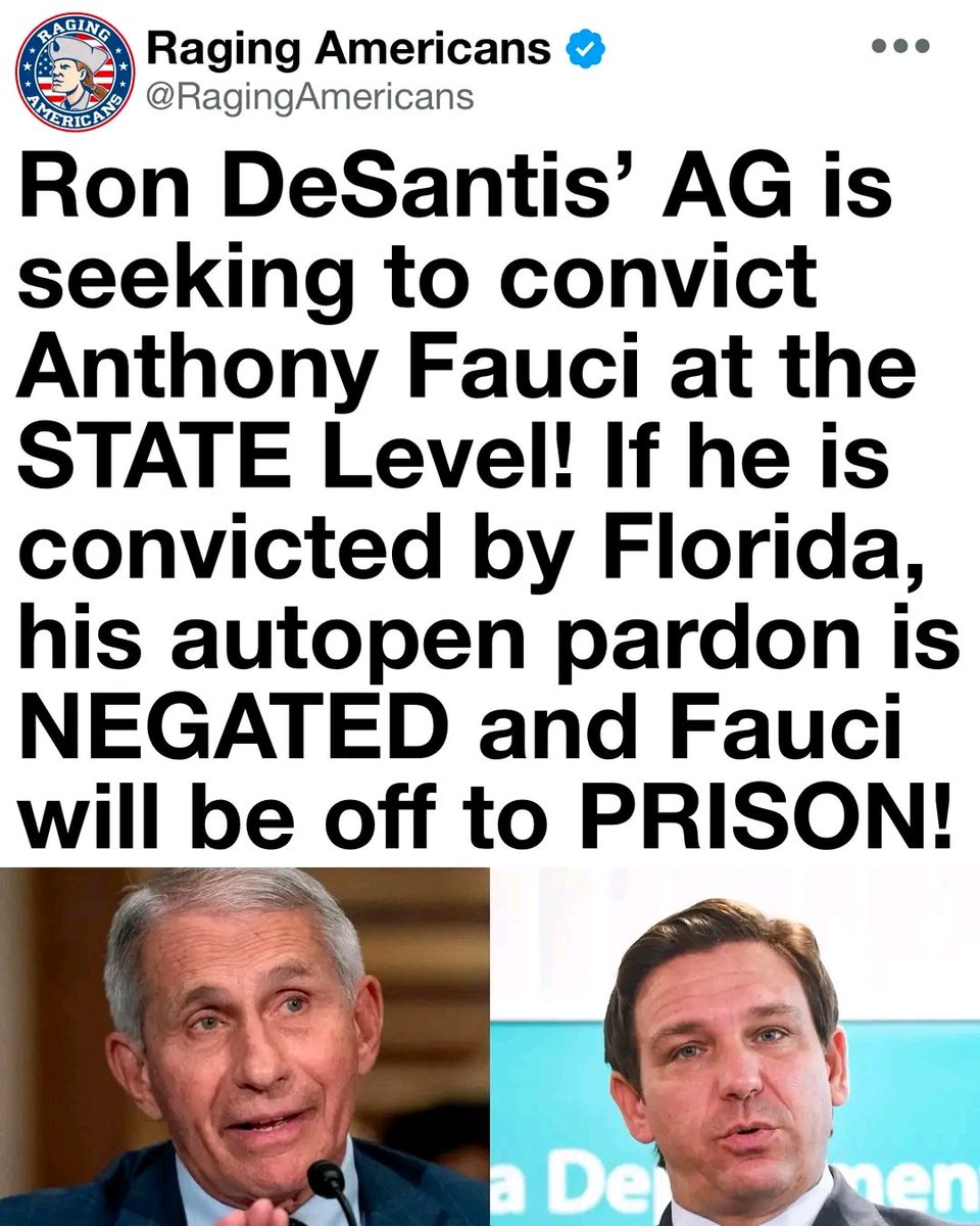 drscottYoung963's tweet photo. Ron DeSantis’ AG is seeking to convict Anthony Fauci at the STATE Level! If he is convicted by Florida, his autopen pardon is NEGATED and Fauci will be off to PRISON! Real accountability is finally closing in on the COVID power broker.

Fauci pushed destructive lockdowns. https://t.co/WsE9p4sQyj