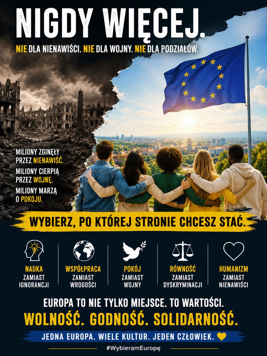 lemoniadowy1969's tweet photo. Europa nie powstała z przypadku.

Powstała na gruzach miast, nad masowymi grobami, po Auschwitz, Wołyniu, Katyniu, Guernice, Warszawie i tysiącach innych miejsc, w których człowiek uwierzył, że drugi człowiek jest mniej wart od niego.

Dlatego zawsze będę powtarzał jedno.

Każda ideologia, która uczy pogardy wobec ludzi tylko dlatego, że są inni - mają inny kolor skóry, inne pochodzenie, inną religię, inny język czy inny sposób życia - jest krokiem w stronę świata, który Europa już raz widziała. Świata nienawiści, przemocy i wojny.

Młodzi ludzie muszą zrozumieć, że wolność nie polega na prawie do nienawiści.

Patriotyzm nie polega na szczuciu na słabszych.

Odwaga nie polega na krzyczeniu na bezbronnych.

Siłą cywilizacji jest nauka, rozum, współpraca, demokracja, prawa człowieka i szacunek dla godności każdego człowieka. To dzięki tym wartościom Europa przez dziesięciolecia budowała pokój i dobrobyt.

Historia nie zaczyna się od obozów koncentracyjnych.

Historia zaczyna się od słów. Od pogardy. Od odczłowieczania. Od przekonywania ludzi, że istnieją “lepsi” i “gorsi”. Że jedni zasługują na prawa, a inni nie.

Nigdy więcej.

Ani w Polsce. Ani w Europie. Ani nigdzie na świecie.

Jeżeli chcemy zostawić naszym dzieciom lepszy świat, musimy mieć odwagę przeciwstawiać się nienawiści, ksenofobii, rasizmowi i polityce opartej na strachu. Nie dlatego, że tak jest modnie. Dlatego, że tak nakazuje doświadczenie całej naszej cywilizacji.

Dzisiaj razem z oświeconą częścią świata …

Wybieram Europę.

Wybieram pokój.

Wybieram człowieka.