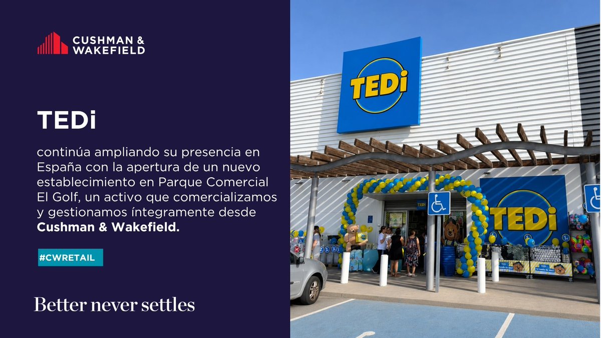 CushWakeSPAIN's tweet photo. TEDi abre una nueva tienda en Parque Comercial El Golf, activo que comercializamos y gestionamos íntegramente desde Cushman &amp; Wakefield. Con esta apertura alcanza 339 establecimientos en España y 2.302 a nivel internacional, en colaboración con Flecons Obras.

#BetterNeverSettles https://t.co/Hy433LeKuf