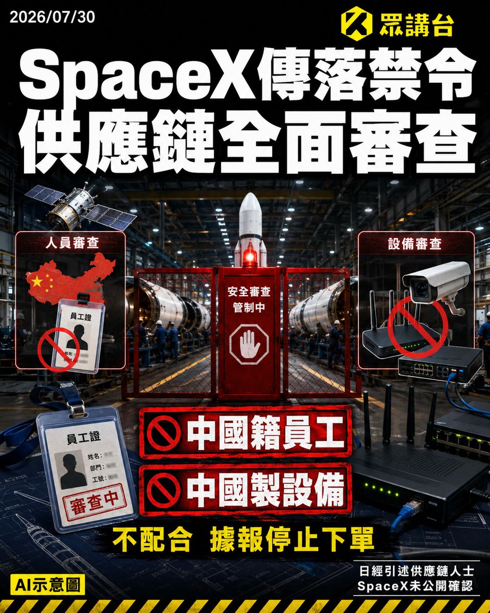 HongkongerVoice's tweet photo. 【SpaceX傳向供應商落兩道禁令　中國籍員工與中國製設備須撤出生產線】
《日經亞洲》引述多名供應鏈知情人士報道，馬斯克旗下SpaceX據報正加強審查全球供應商，要求與SpaceX產品相關的生產線排除中國籍員工，並停用中國製造的系統及網絡設備。

報道稱，即使供應商廠房不在中國，只要中國��經理、主管、技術員或其他員工參與SpaceX相關生產及支援工作，亦可能無法通過審查。拒絕配合的供應商，據報可能被SpaceX停止下單。

除人員安排外，SpaceX亦被指會檢查供應商廠房內的監控系統、路由器及其他網絡設備，要求撤換涉及中國製造商的產品。有關安排若屬實，反映SpaceX對供應鏈、技術外流及網絡安全的審查，已由零件產地擴展至參與人員和廠房內部設備。

SpaceX同時承接美國國防部及NASA等敏感航天合約，須遵守美國出口管制及國家安全要求。不過，美國法例對SpaceX直接聘用受限制人士的規定，與公司要求海外供應商全面調走中國籍員工，並非完全相同；後者目前主要來自媒體引述供應鏈人士的說法。

這不是SpaceX首次因地緣政治風險調整供應鏈。路透社2024年曾報道，SpaceX要求部分台灣供應商把Starlink相關生產轉往越南、泰國等地。另外，SpaceX在2026年首次公開招股期間，亦據報基於國家安全及出口管制考慮，拒絕中國內地及香港投資者直接參與認購。

#SpaceX  #加強審查 #中國製造 #眾講台HK #Hongkongervoice

需要香港人支持追蹤新專頁「眾講台HK」

FaceBook: https://t.co/ZnbTzH3g7t

Instagram: https://t.co/zCfwgUc2wq

X: https://t.co/GUPuG1EVVc

Telegram: https://t.co/WnEBNF2WmP