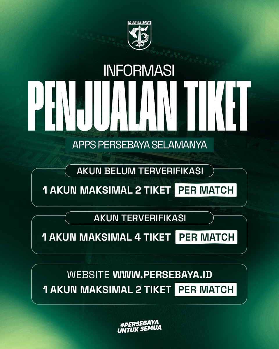 persebayaupdate's tweet photo. PRESALE RESMI DIBUKA! 💚

Laga internasional menanti di Stadion Gelora Bung Tomo. Saatnya kembali memenuhi tribune dan memberikan dukungan terbaik untuk Green Force.

⚽ Persebaya 🆚 Penang FC
🗓️ Sabtu, 15 Agustus 2026
⏰ Kick Off 19.00 WIB
📍 Stadion Gelora Bung Tomo

🎟️ Tiket presale sudah dibuka dan bisa kalian amankan mulai sekarang.

Jangan sampai kehabisan, Rek. Mari ciptakan atmosfer yang membanggakan dan jadikan GBT bergemuruh untuk Persebaya.

Ingat, ojok tuku tiket nang calo karena rawan penipuan. Tiket resmi hanya dijual melalui website resmi Persebaya dan aplikasi Persebaya Selamanya.

Salam Satu Nyali!
WANI! 🐊🐊🐊

#persebaya #persebayauntuksemua