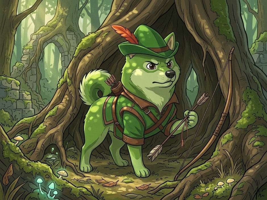 RogeOfficialRH's tweet photo. With a determined glare and bow at the ready amid ancient ruins and glowing mushrooms, $ROGE stands firm in the heart of the wilderness. 

True strength is forged in the shadows before the strike. https://t.co/Oc6y30pAUf