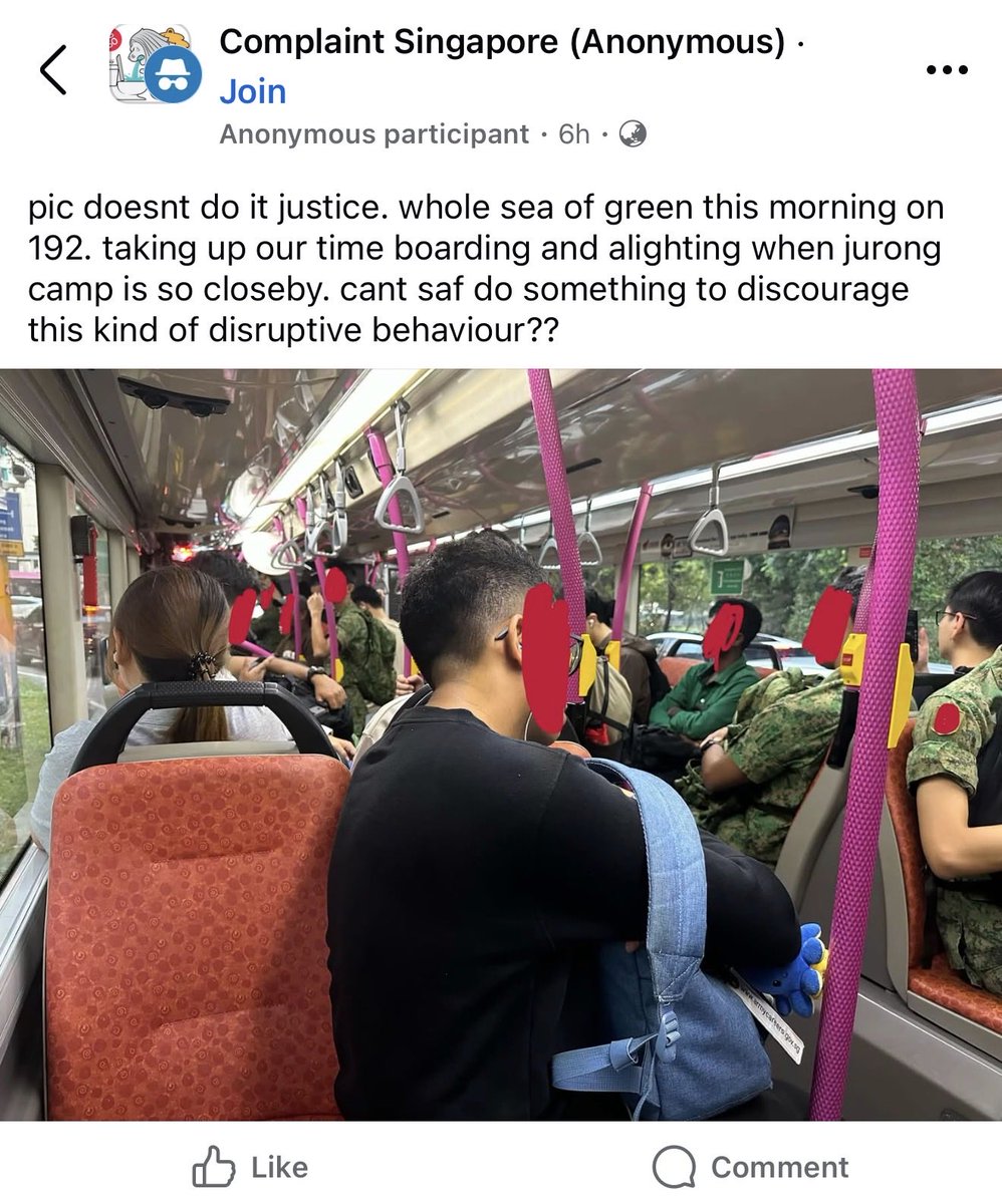 abigbluebird's tweet photo. Other countries: “Thank you for your service!” Military discounts etc.

Singapore: “Chao NSF dare to sit in MRT/bus. Time to take photo and complain!”

“Wah reservist? So good life, 2 weeks holiday, I also want!” 

“Now NS so easy! Last time during my time….”

Sinkie pwn Sinkie, can sleep well tonight.