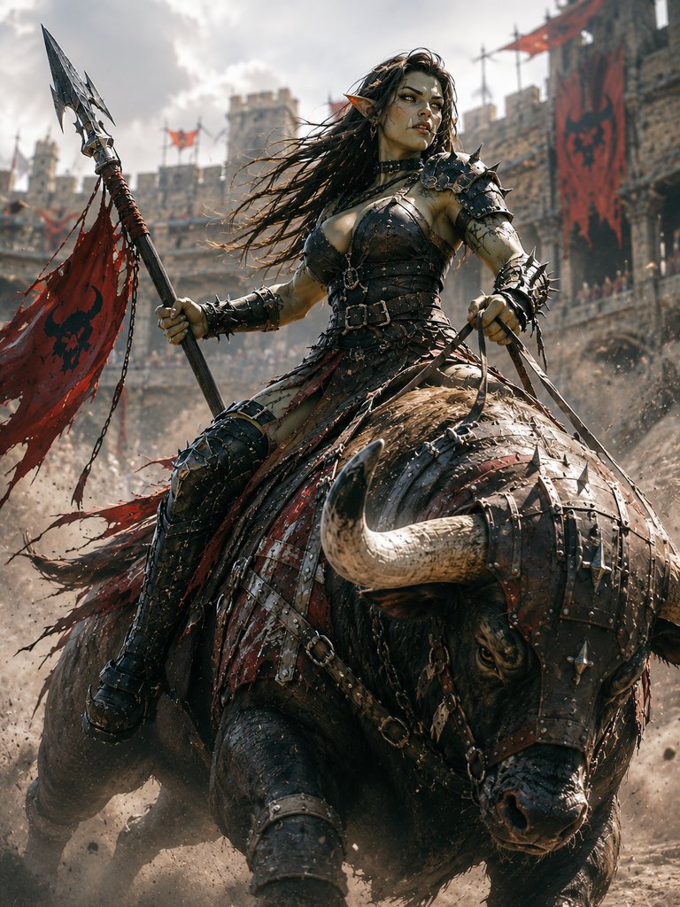 Aicreator17's tweet photo. Designation No. 043 – Bull Rider.
⚔️ View all warriors — #OrcCreator #OneOfTheHundred ⚔️
She rides no wolf.
She rides a beast that few orcs can even approach.
The Iron Bulls of Garakor are living battering rams—massive creatures bred to smash through shield walls, break fortress gates, and trample anything in their path. Most refuse every rider.
She was the exception.
From the day she claimed her first bull, they answered only to her voice. Together they became the spearhead of the Horde's deadliest charges, crashing into enemy lines before the infantry could even draw steel.
She never circles the battlefield.
She chooses the strongest point in the enemy formation... and rides straight through it.
Where the bull charges, the Horde follows.
#Zargates
