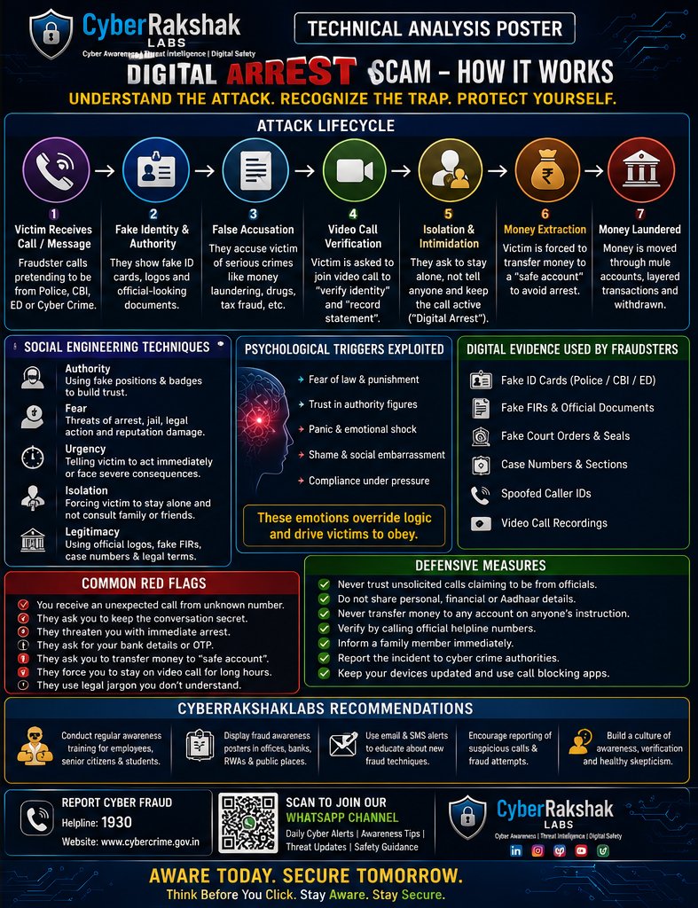 vivekkumar86538's tweet photo. 🚨 Cyber Alert

Fraudsters posing as police, CBI, or ED officers are using Digital Arrest scams to steal money.

#CyberSecurity #DigitalArrest #CyberFraud #CyberRakshakLabs #CyberAwareness https://t.co/O4VUTmLtCr