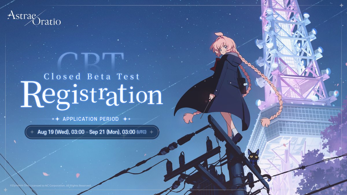 Asora_EN's tweet photo. [Notice from the Special District Office PR Department]

📢 CBT Recruitment Schedule Announcement

───A new dream (magic) begins.

Applications for Astrae Oratio Closed Beta Test participants is now open.

Tester recruitment will run from August 19th to September 21st.
Detailed instructions on how to participate will be announced through our official channels at a later date.

Please follow our official X account and stay tuned for further updates.✨

📅 Tester Recruitment Period
Aug 19 (Wed), 03:00 – Sep 21 (Mon), 03:00 / UTC

▼ Notice
※ The schedule above is for the Closed Beta Test participant recruitment period.
※ The actual schedule for the Closed Beta Test will be announced separately.
※ The application period is subject to change.

▼ Official Website
https://t.co/FOmAqOGt5Z

#AstraeOratio #Asora