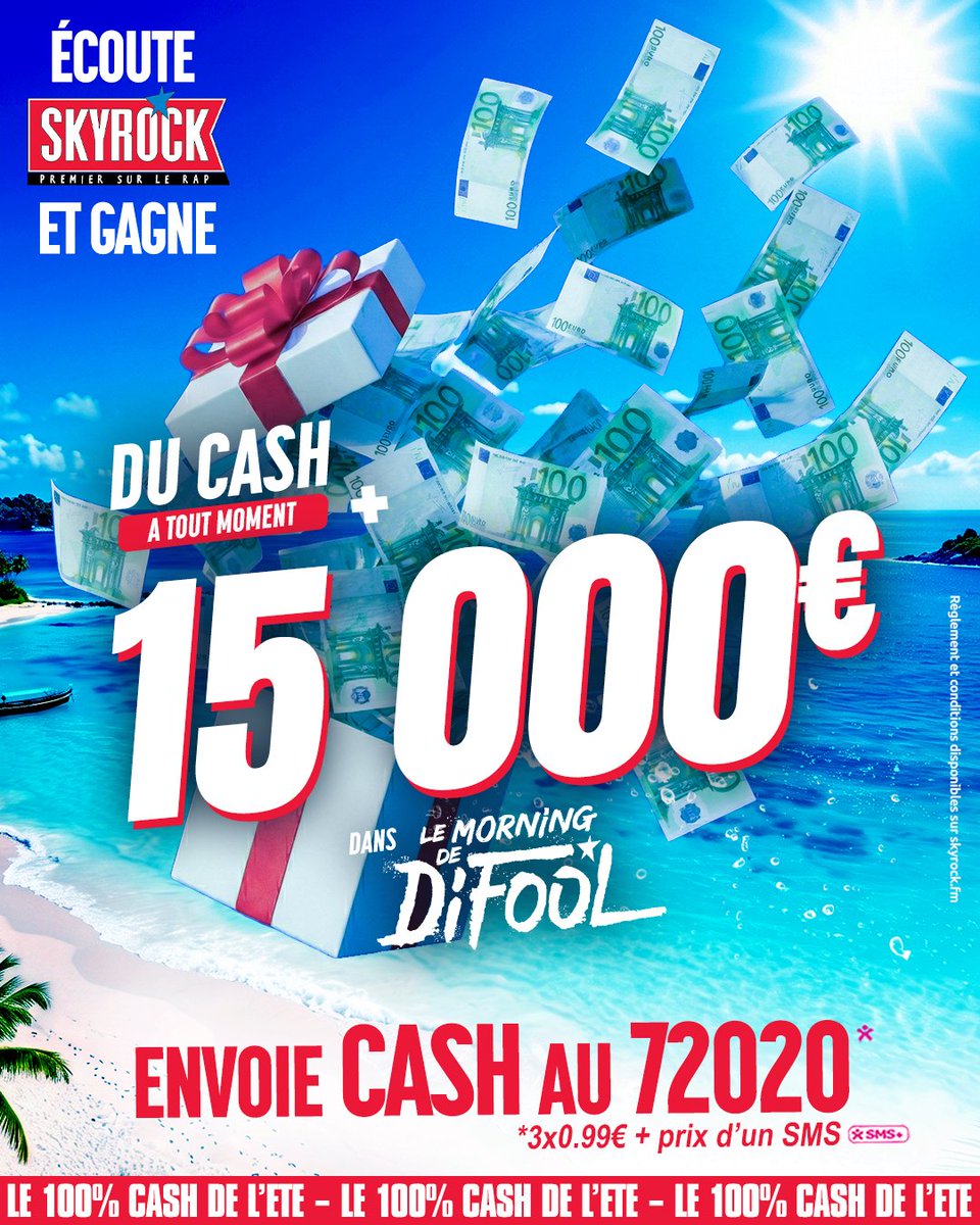 SkyrockFM's tweet photo. 🎁A tout moment, gagne du #Cash sur #Skyrock et valide ton inscription pour le tirage au sort des 15000€ dans le #MorningDeDifool !🤑💶

Avant 21h, @Mrik passe un appel en direct sur #Skyrock ! https://t.co/6tVWf0i8wk