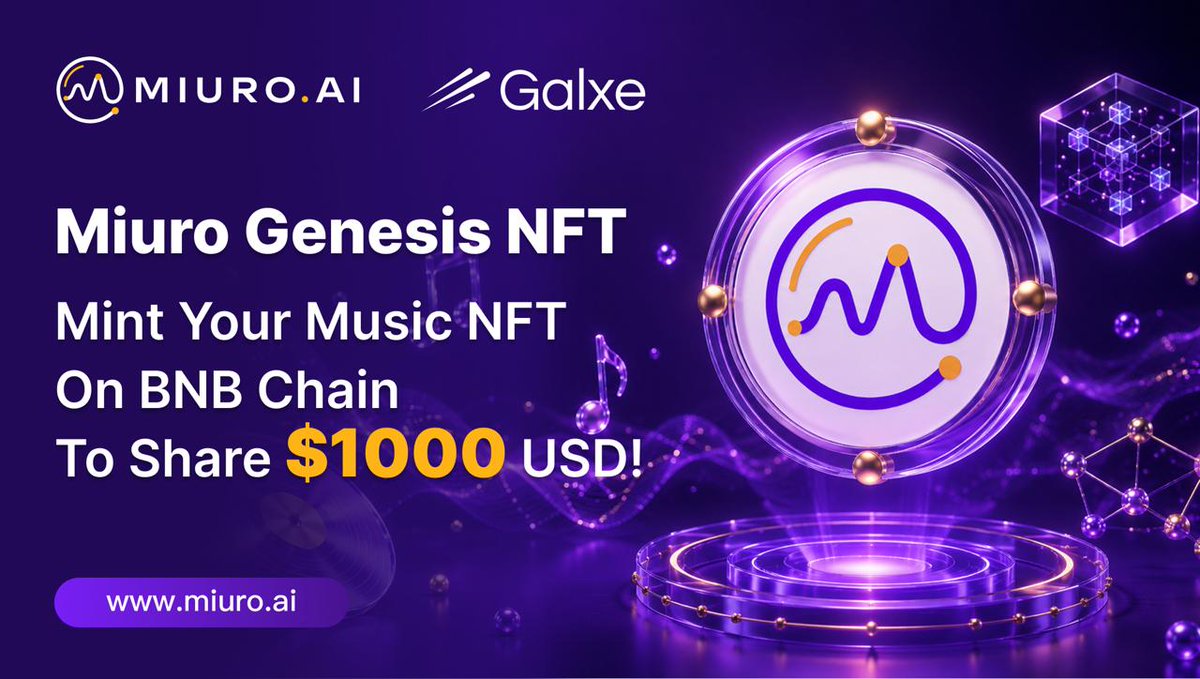 MiuroAI's tweet photo. 1/3
Miuro Genesis NFT – We’re Writing the First Chapter of AI Music Ownership 🎵🎹

If you’ve ever wanted to own the music you create with AI — this is the moment.

From today, the first music you create with https://t.co/tIDwkbUQNH and mint the Music NFT on @BNBCHAIN will automatically airdrop you the Genesis NFT.

Not a temporary reward. A permanent mark that says: 「I was here when it began.」

Campaign is available on @GalxeQuest and share a prize pool that starts at $1,000 and keeps growing.

📅 July 30 – September 15

This is our first chapter. We’d love for you to be in it.

Start creating → https://t.co/s7M0kEUsti 
Galxe → https://t.co/JlS9Qi25o0

#MIURO #MiuroGenesisNFT #AIMusic #Web3
