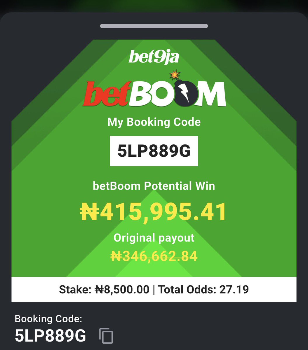blunttips's tweet photo. Properly picked odds on @Bet9jaOfficial 🍀💸🍾

Football 🔰

58 odds 5LP7ZGC
27 odds 5LP889G
14 odds 5LP8GND
2 odds 5LP8MQH

Don't sleep on this  🫵

Green luck champs 👊🟩

#bet9jacode 
#bet9jacode 

#rudeboy #asake #phyno https://t.co/EJVx2M5qdD