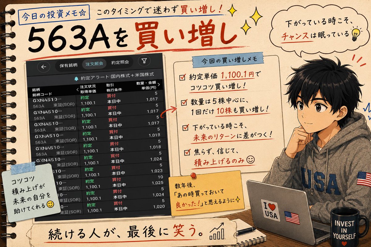 YuruUSIncome's tweet photo. 563Aをこのタイミングで買い増ししました📈🇯🇵

正直、ここからさらに下がるかもしれません。

未来は誰にも読めない。

「ここだ」と思った時は迷わず買う。

コツコツ積み上げて、
数年後に笑えていたら十分😊

みなさんなら、
この場面で563Aを買い増ししますか？

#563A #ETF #NASDAQ100 #米国株 https://t.co/GHPh06IzCn