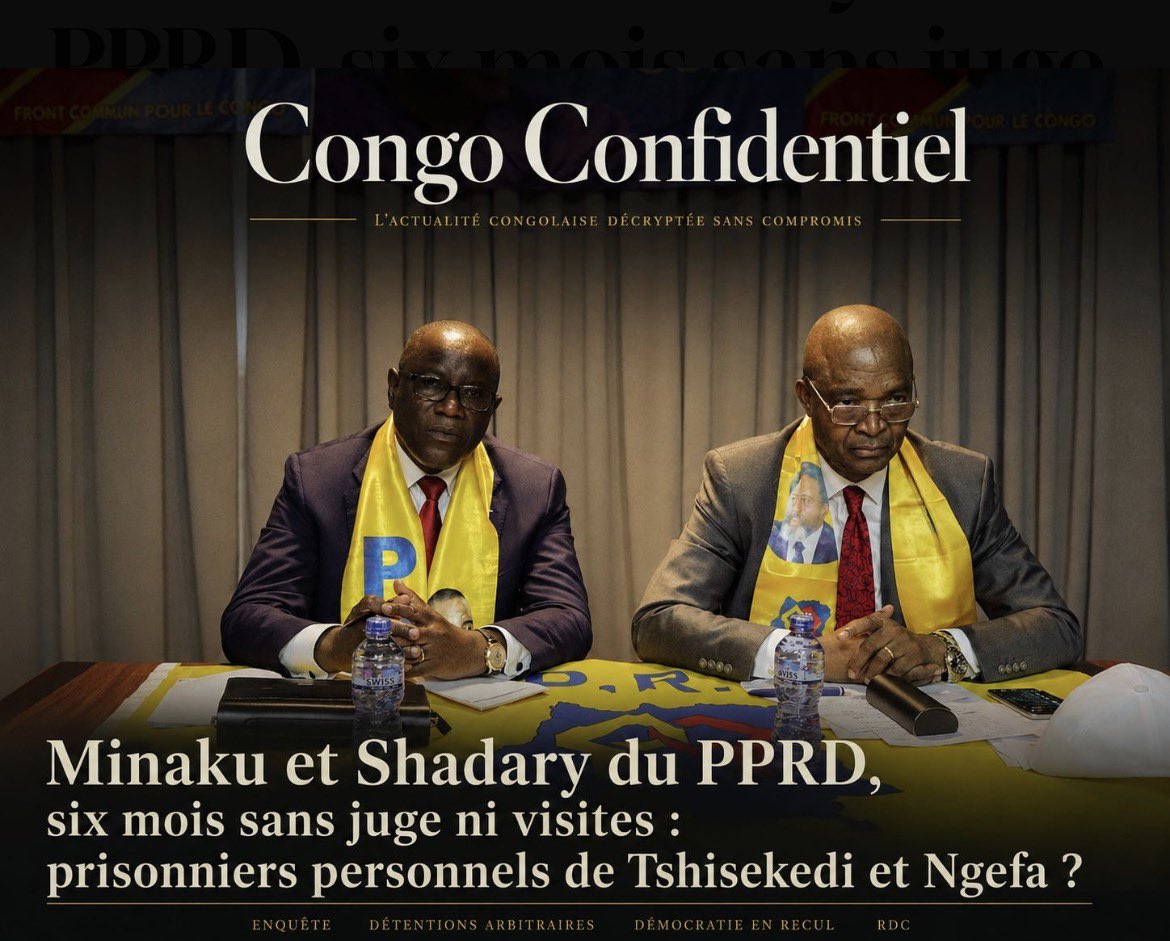 JamsMupualaRdc's tweet photo. #RDC:#Minaku et #Shadary du #PPRD, six mois sans juge ni visites: prisonniers personnels de #Tshisekedi et Ngefa?  

#Emmanuel_Ramazani_Shadary a été arrêté le 16 décembre 2025. @MinakuAubin  l’a été le 18 janvier 2026, à son domicile de Kinshasa. 

Plus de sept mois et demi après l’interpellation du secrétaire permanent du PPRD et plus de six mois après celle de son vice-président, les deux hommes ne sont toujours ni inculpés publiquement, ni présentés devant une juridiction connue. 

Leurs épouses ont multiplié les démarches, tandis que leurs avocats congolais et français décrivent une détention soustraite au contrôle de la justice. Rattaché à la présidence, le Conseil national de cyberdéfense place désormais #Félix_Tshisekedi devant une responsabilité politique directe.

https://t.co/pxgJZQTm7L…